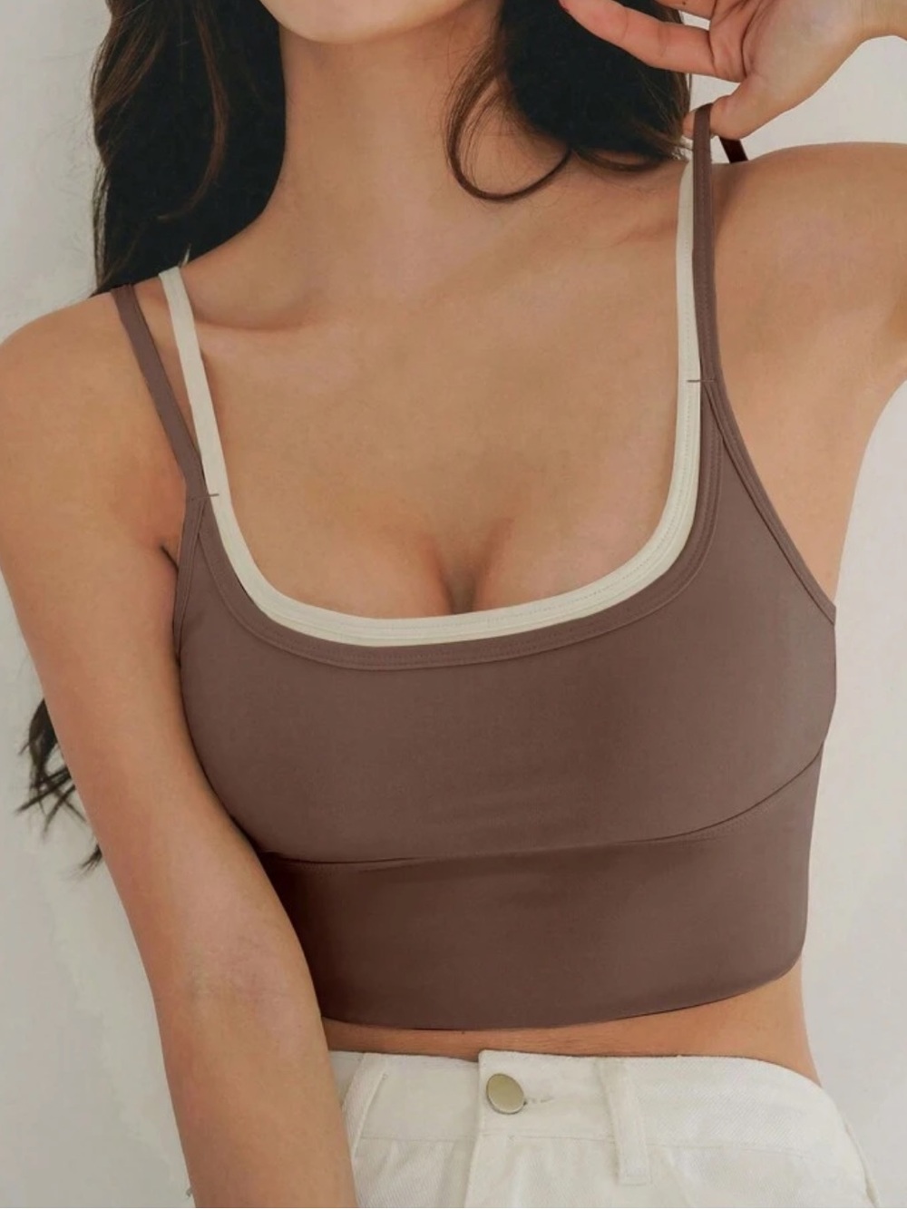 Scoop Neck Double-Strap Crop Top in Coffee Brown